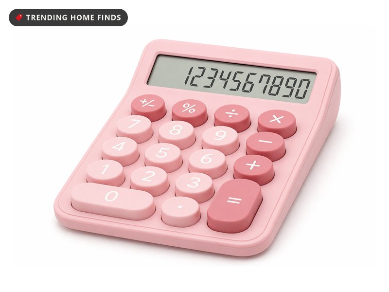 Soft pink desktop calculator with round two-tone pink mechanical keycaps and a wide twelve digit LCD.