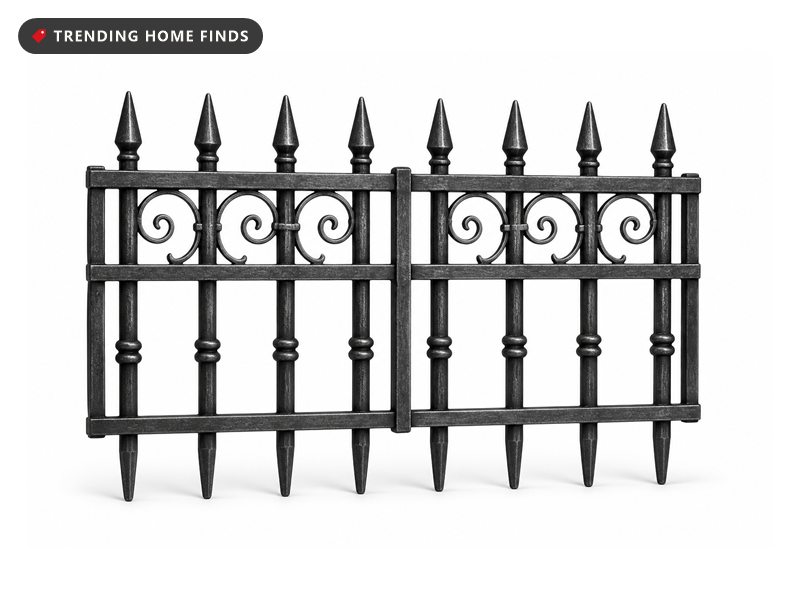 Two black and gray gothic fence panels with spear tipped bars, scroll detail and tapered stakes along the bottom edge.