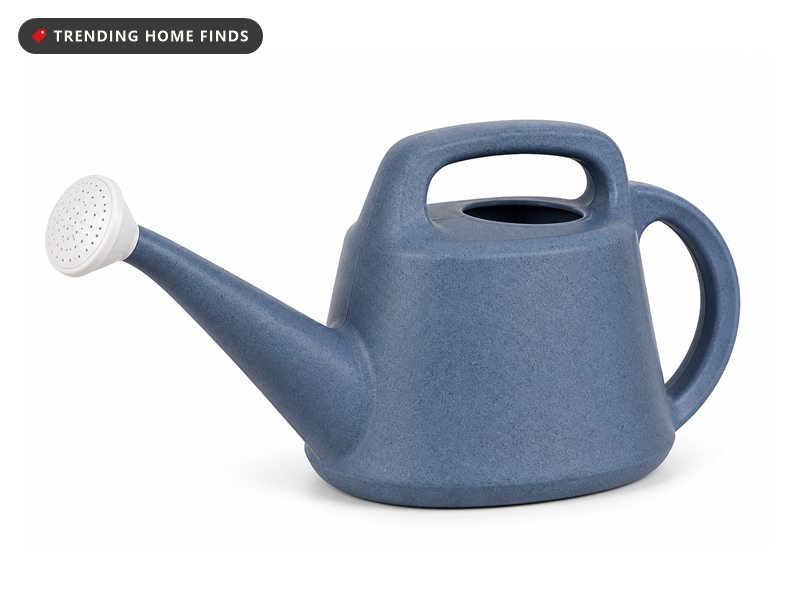 Speckled slate blue two gallon watering can with a long spout, a white shower rose and two handles.