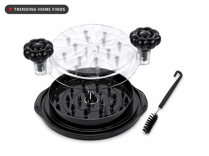 Black chicken shredder with a spiked base, clear twist lid with two flower shaped knobs and a cleaning brush