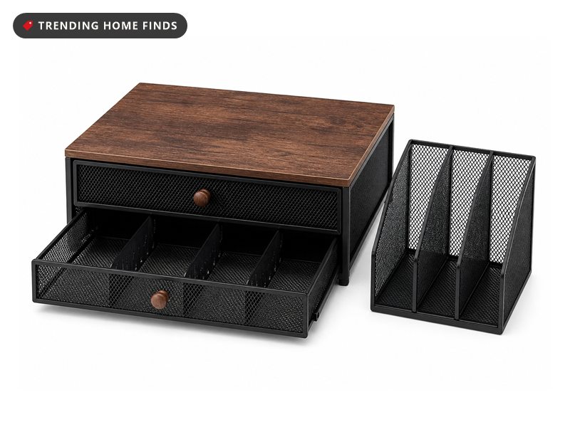 A two tier black mesh coffee pod drawer with a rustic wood top, beside a three slot mesh cup and lid caddy.