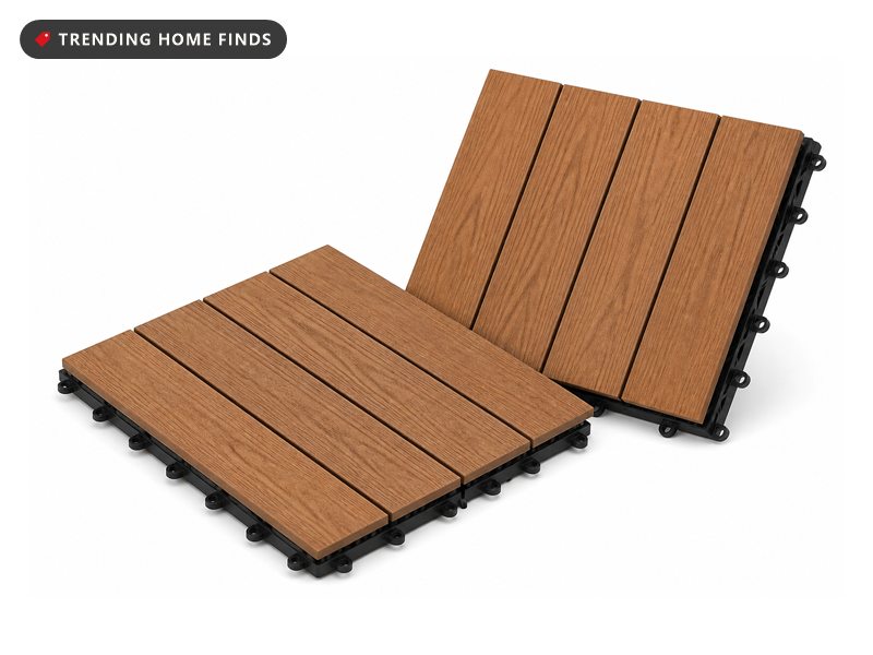 Composite interlocking deck tiles with a click-together base, on a white background