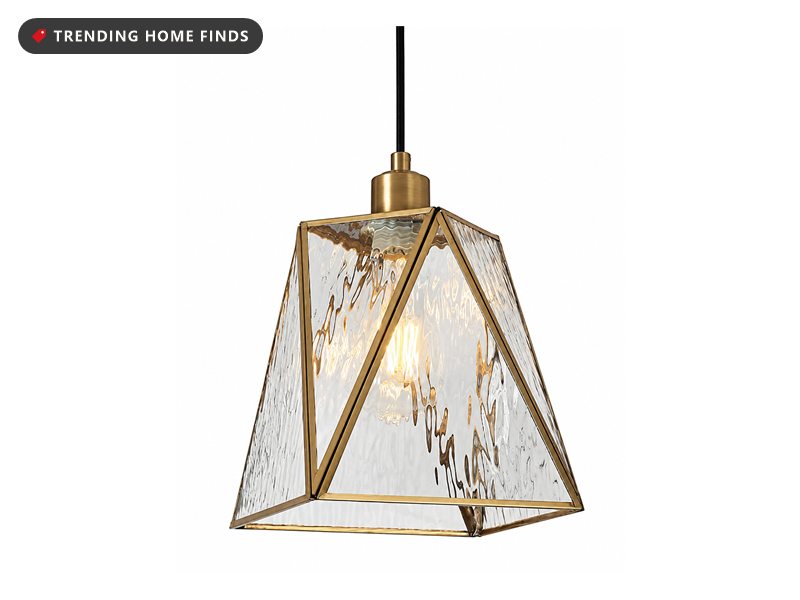 Brass geometric pendant light with rippled water glass panels