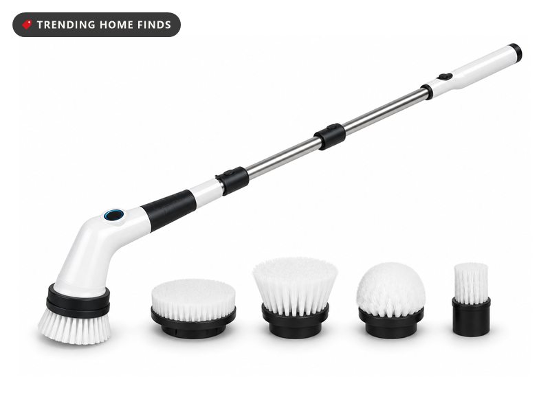White cordless spin scrubber with a black grip, an extended brushed silver pole and a round white bristle head, beside four spare brush heads.