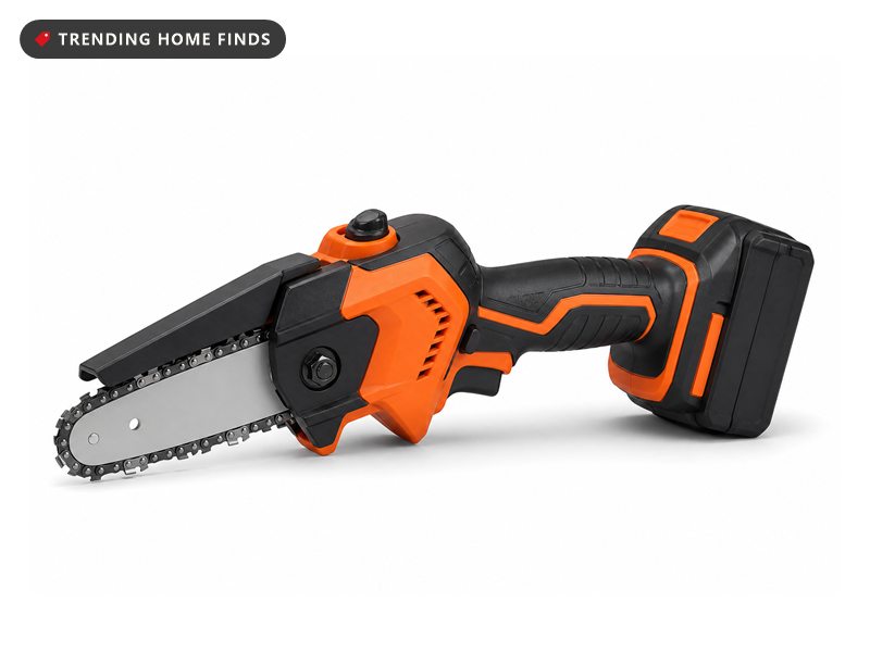 Compact one-handed cordless mini chainsaw with a six inch cutting bar, on a white background