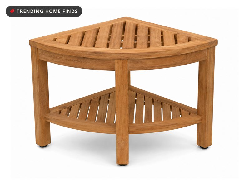 Solid teak corner shower bench with a slatted seat and a lower slatted storage shelf