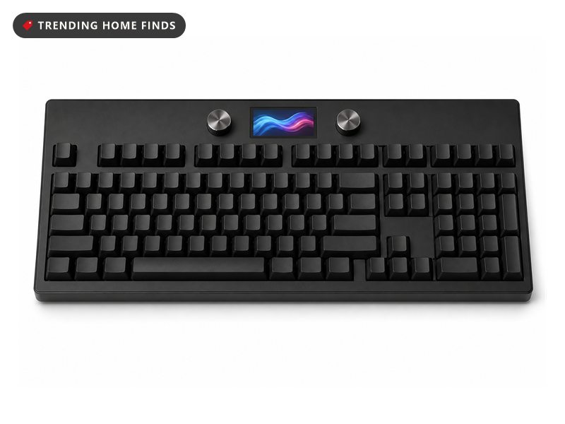 Black mechanical gaming keyboard with a built in color display and stream deck macro keys glowing at night
