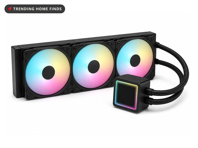 Black 360mm liquid CPU cooler whose square pump cap screen reads CPU TEMP 42 inside a sparkling RGB frame, with three pastel lit fans on the radiator