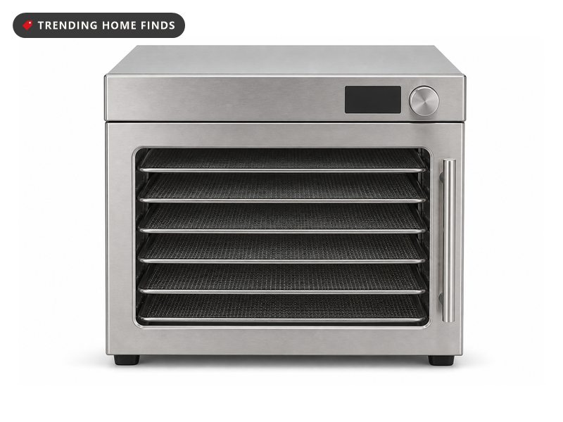 Stainless steel COSORI dehydrator with a glass door showing six trays of jerky, recipe booklet leaning against its side.