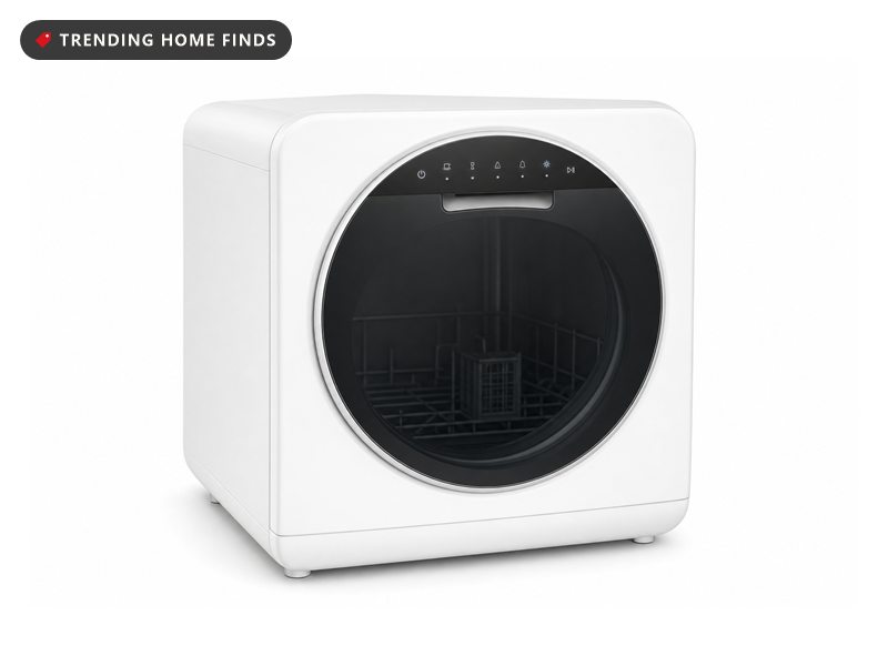 Compact white countertop dishwasher with a round glass door, on a white background