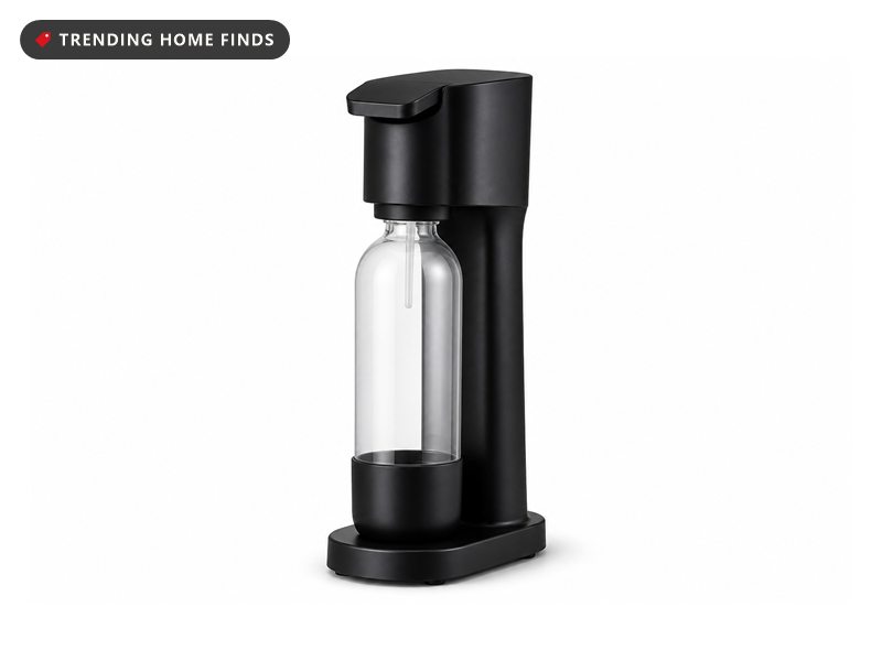 A tall black countertop sparkling water maker beside a filled bottle on a bright kitchen counter at midday, set up as a small drink station.