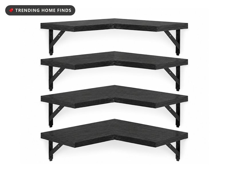 Set of four black wood corner floating shelves with black metal brackets