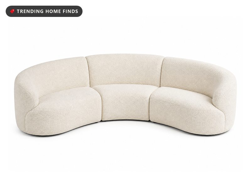 Cream boucle three-piece curved sectional sofa arranged as a semi-circle, shown on a white background.