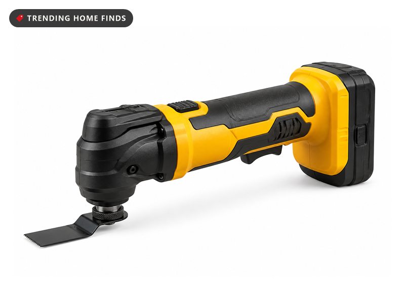 Cordless oscillating multi tool in yellow and black with a battery attached, shown on a white background.