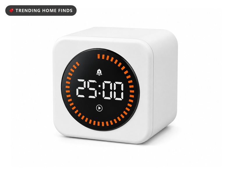White cube timer with a round digital display showing 25:00 inside an orange dotted ring
