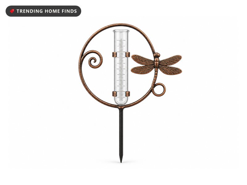 An antique copper rain gauge with a cast dragonfly and a clear 7 inch glass tube on a garden stake.