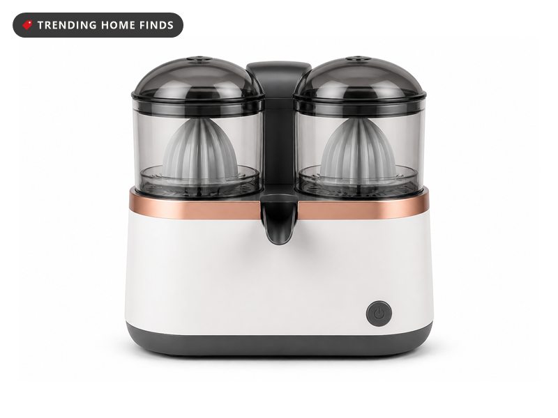 White and grey dual-head electric citrus juicer pressing two orange halves into a glass of juice, with whole citrus fruit around it