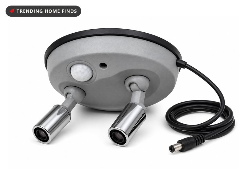 Grey ceiling mounted dome with a white motion lens and two adjustable arms ending in chrome barrels, each casting a red beam.