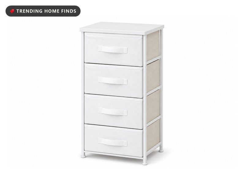 White four drawer fabric storage tower with a white wood top, white fabric drawer fronts and cream woven side panels.