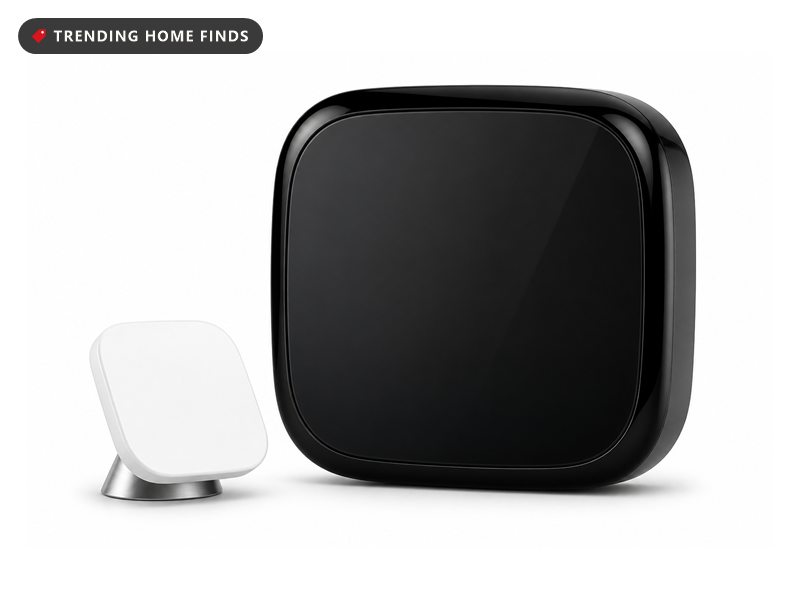Black ecobee Smart Thermostat Premium with a touchscreen reading 72 degrees, shown beside its white remote room sensor