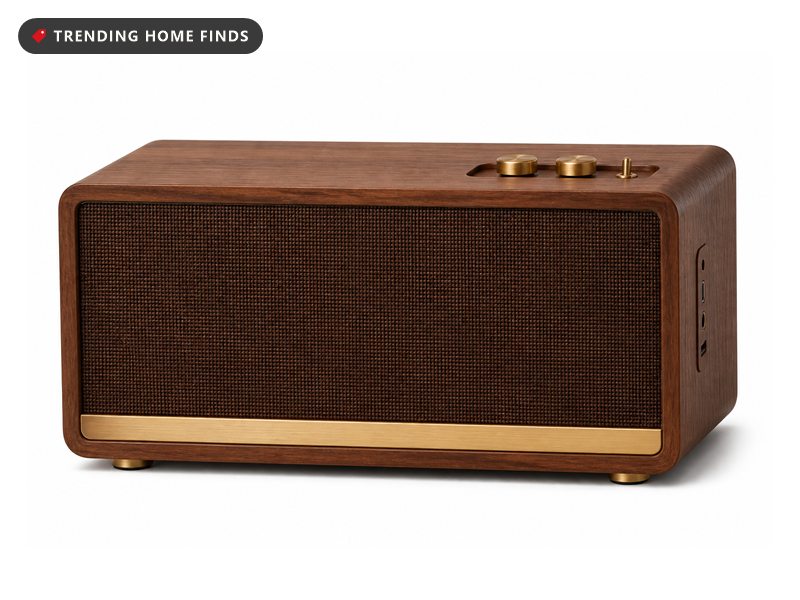Edifier retro Bluetooth speaker in a walnut wood cabinet with brass control knobs, a woven bronze grille and side input ports