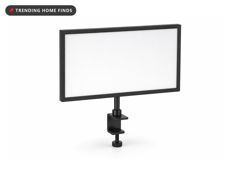 Wide rectangular LED key light panel on a desk-clamp stand, on a white background