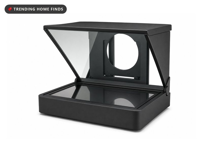 Desktop teleprompter with a glass panel and camera mount, on a white background