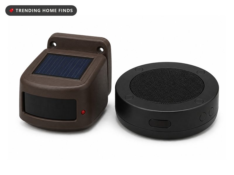 Brown weatherproof motion sensor with a small solar panel on its sloped top, beside a flat black round receiver puck.