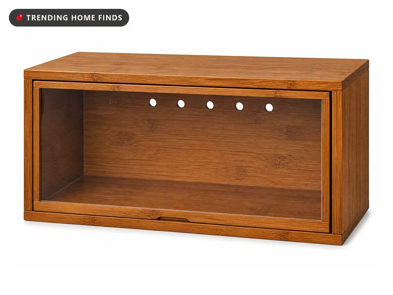 Rectangular bread box in warm brown bamboo with a clear flat front door panel and a plain flat top.