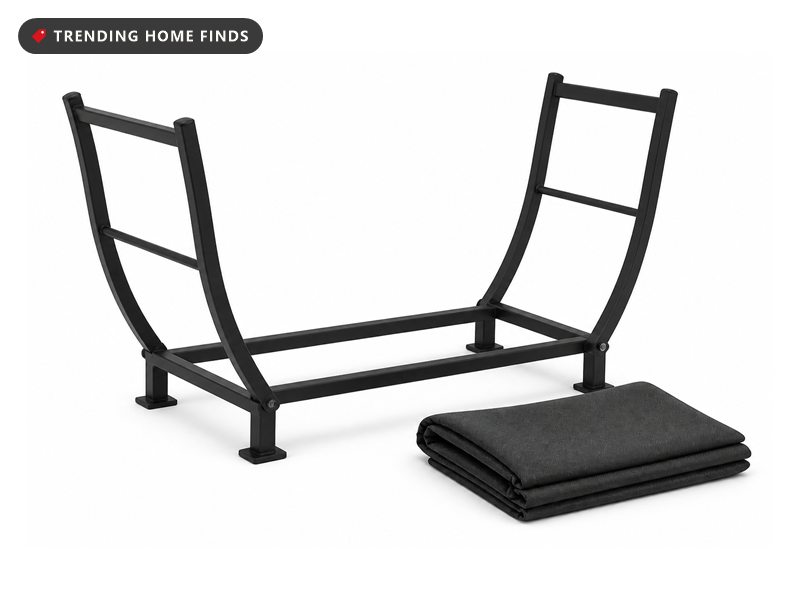 Black iron firewood rack with curved end frames and straight lower rails, with a folded dark grey waterproof cover beside it.