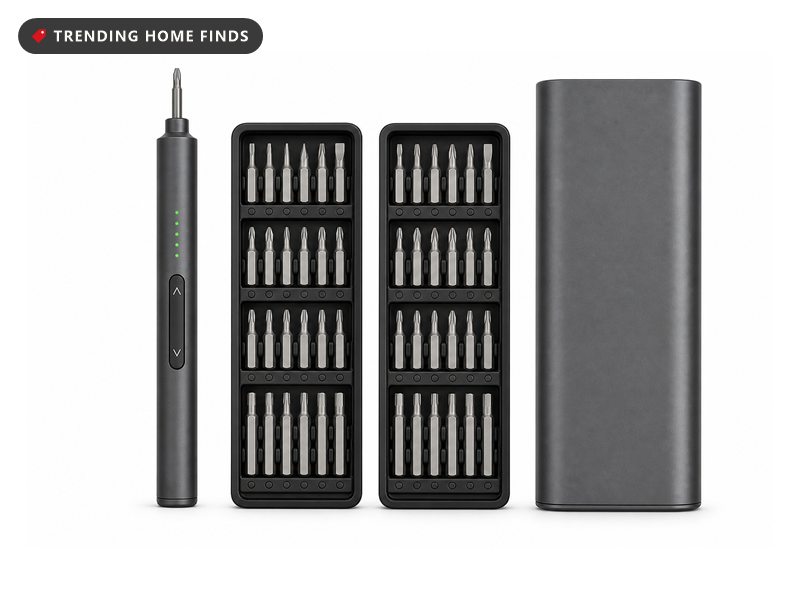Grey Fanttik E2 Ultra electric precision screwdriver with a charge indicator, shown beside two open bit cases holding 60 labelled bits and the closed storage case