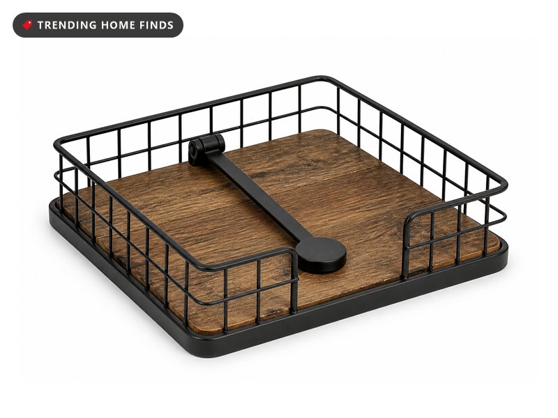 A black wire napkin basket on a rustic brown wood base with a weighted metal arm lying across the stack.