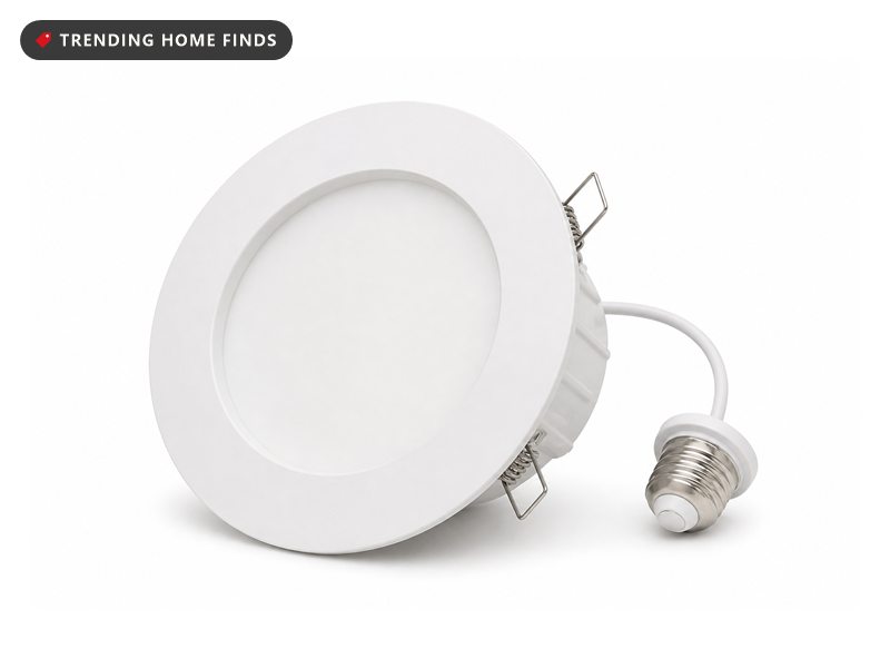 Round recessed downlight with a flat white trim ring and frosted diffuser, with its housing, lead and screw-base adapter behind.