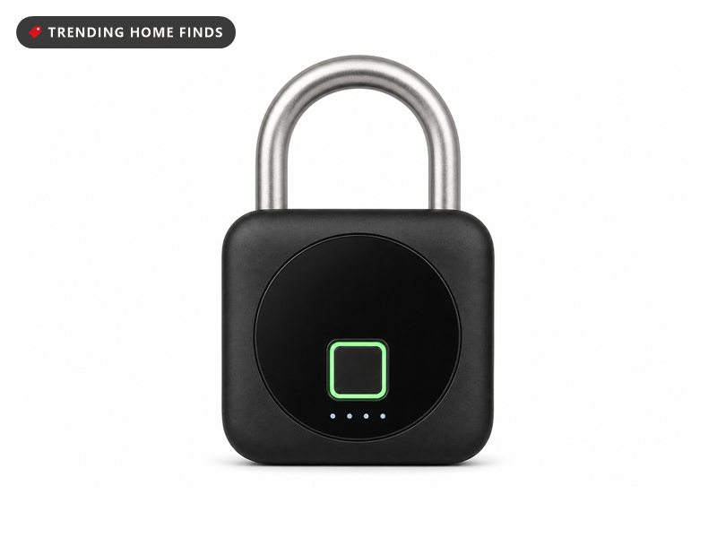 A matte black fingerprint padlock with a brushed steel shackle and a green ringed sensor pad on its face.