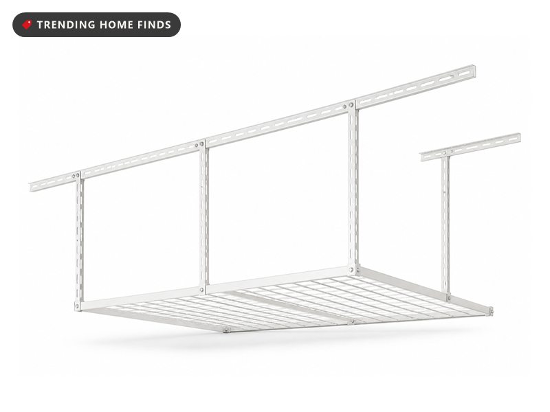 White powder coated steel overhead rack with two long ceiling brackets, six vertical posts and a wire grid deck.