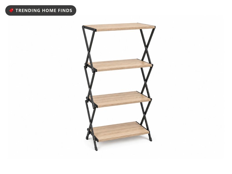 Four-tier folding wood and metal bookshelf, on a white background
