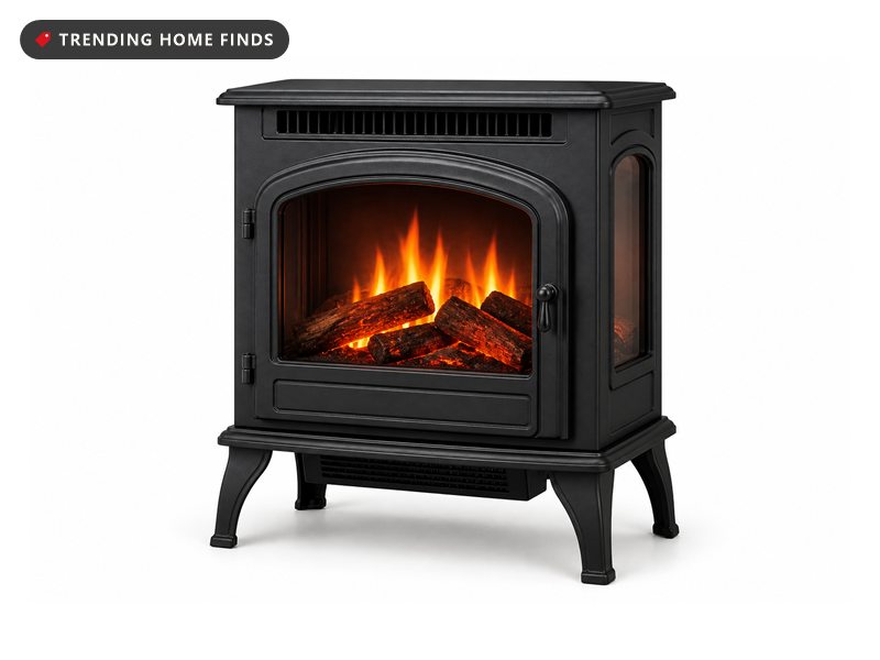 Black freestanding electric fireplace stove with glowing log effect behind an arched glass door