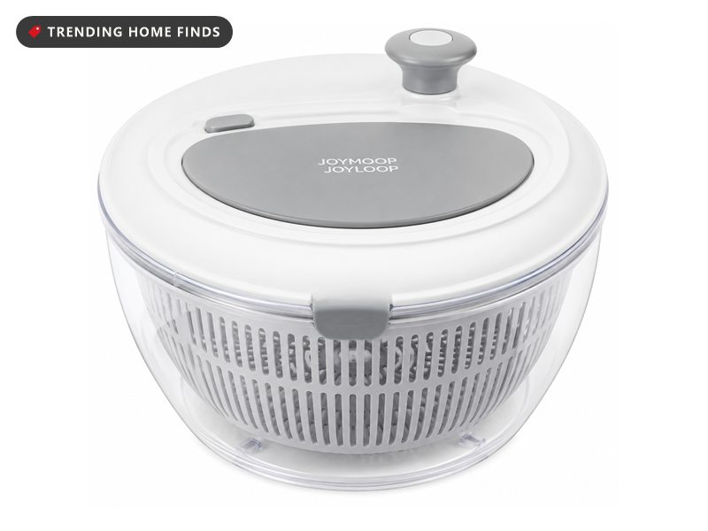 Clear JOYMOOP salad and fruit spinner bowl with a grey lid, spin knob and inner draining basket