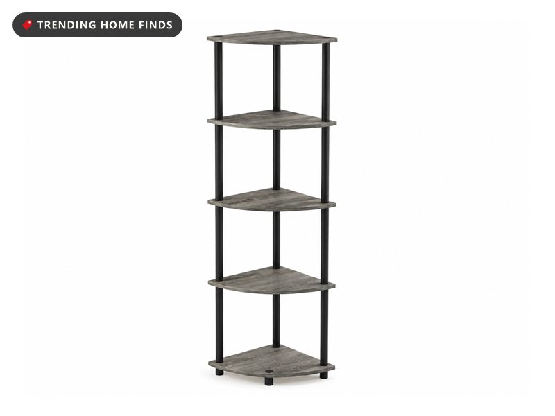 Five-tier corner shelf with gray woodgrain shelves on a black tube frame
