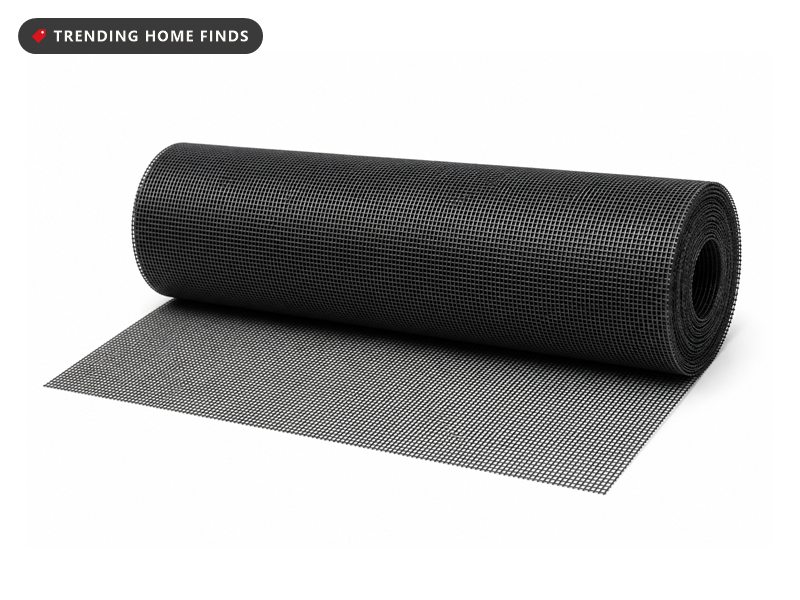 Roll of fine charcoal fiberglass insect screen mesh, partly unrolled to show the woven grid.