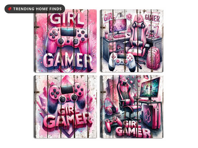 Four wrapped canvas panels of pink and purple gaming art on a distressed wood-plank background, two showing controllers with the words GIRL GAMER, two showing gaming room scenes with a chair, desk and monitor