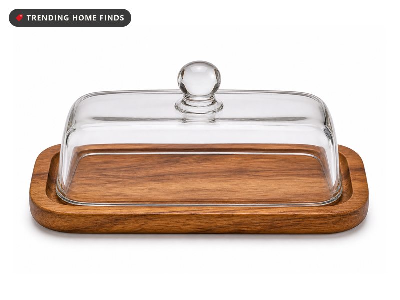 A clear glass butter dome on a rectangular acacia wood tray.