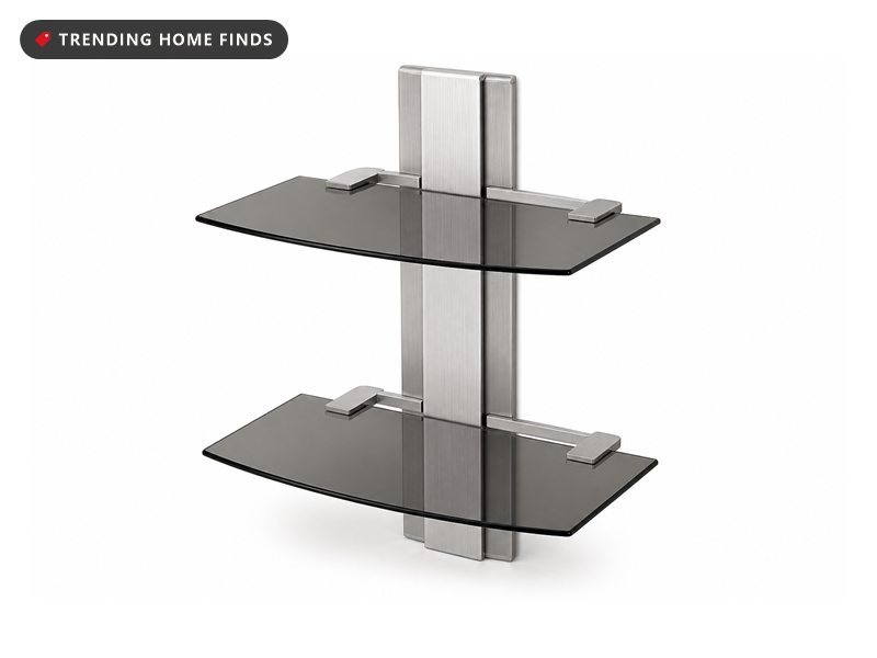 A brushed silver wall plate carrying two tinted tempered glass tiers on adjustable arms with a cable cover down the front.
