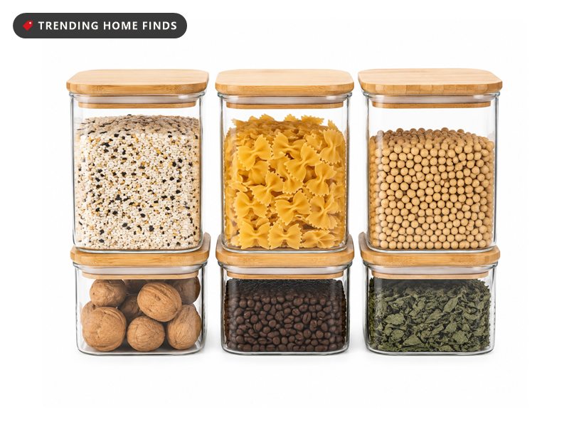 Six square glass pantry canisters with bamboo lids in two sizes, filled with pasta, beans, nuts, coffee beans and dried herbs