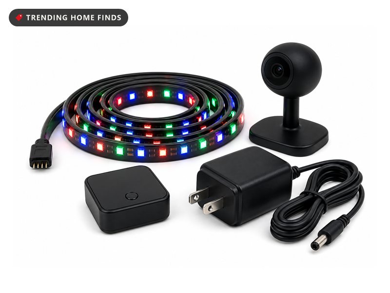 Govee TV Backlight 3 Lite retail box with the LED strip, camera module, control box, power supply and a phone showing the app