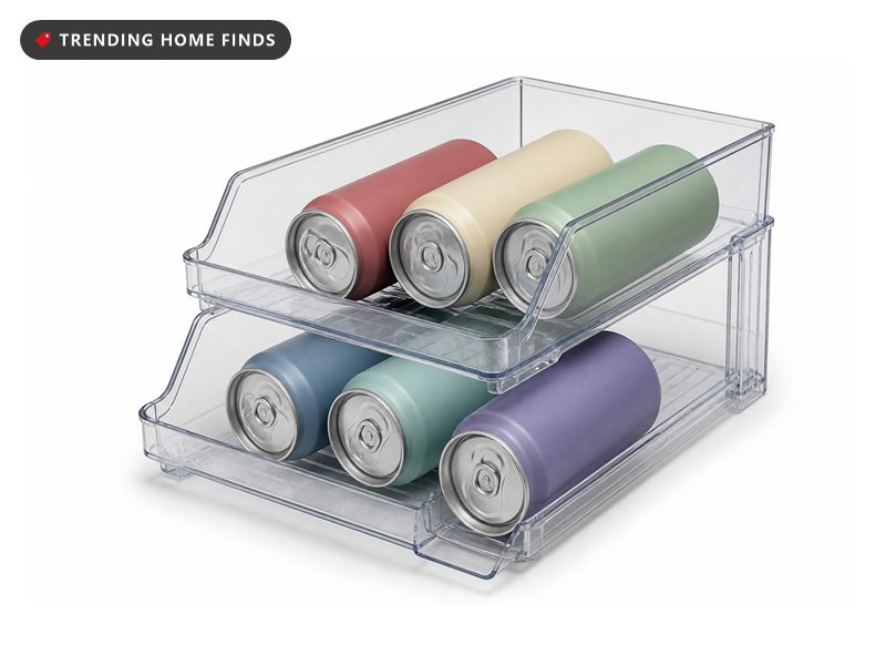 Clear gravity-fed refrigerator can organizer rack, on a white background