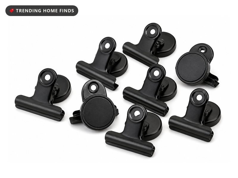Black metal bulldog clips with round magnet discs mounted on the back.