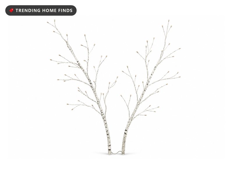 Pair of slim artificial birch branches with pale mottled bark and tiny warm white bulbs strung along the bare twigs.