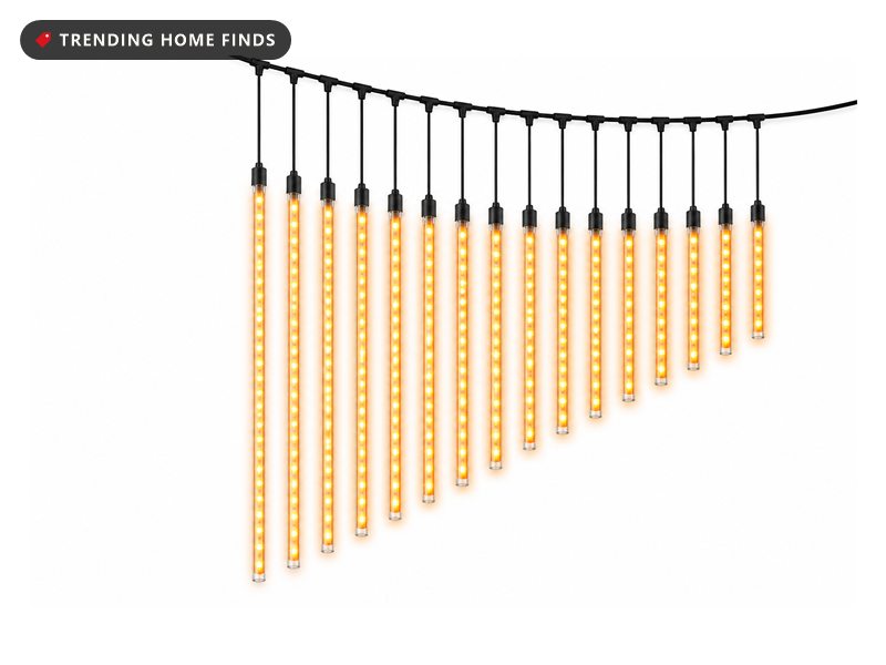 Sixteen clear light tubes on one black wire, switched on with orange LEDs falling inside each tube.