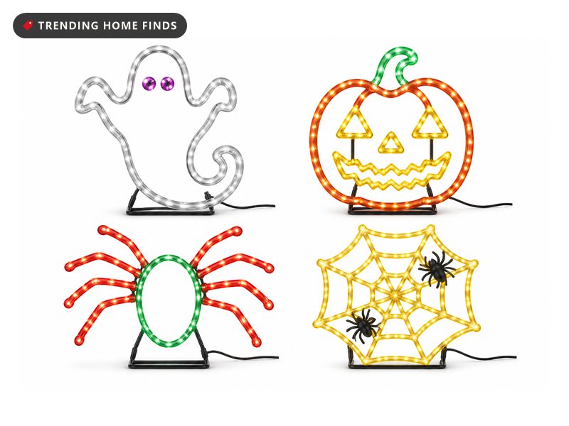 Four lit rope light Halloween cutouts, a white ghost, an amber jack o lantern, a green and red spider and a yellow web, all switched on.